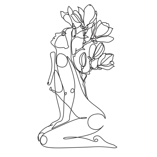 Strichzeichnung einer knienden Frau mit Magnolienblüten
